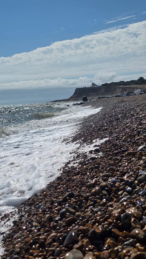 Paddington Bear and waves on a St Leonards pebble beach