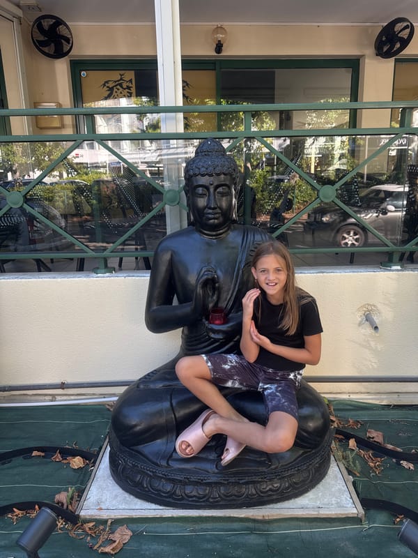 Sitting atop a black Buddha statue in Divonne-les-Bains
