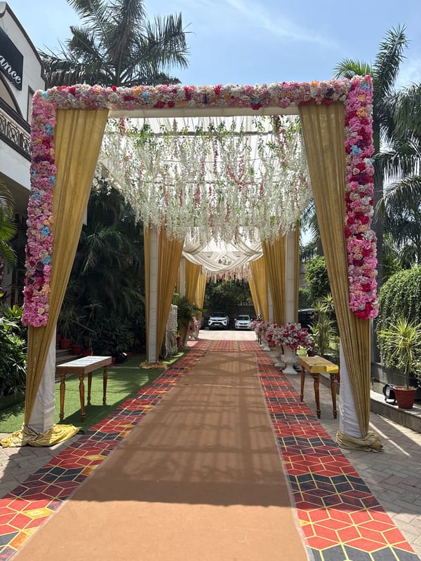 Wedding mandap with floral decorations observed in Delhi