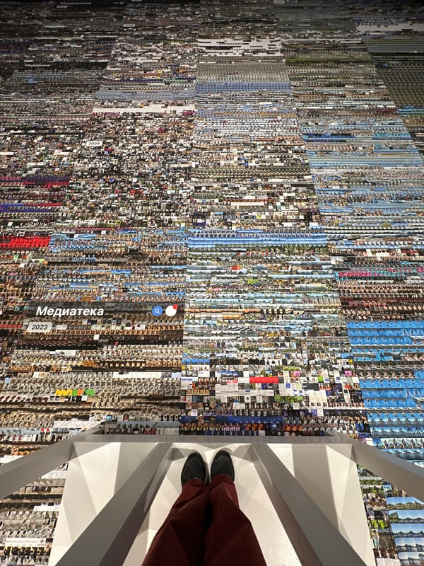 Gallery visitor views photographic mosaic wall in Moscow