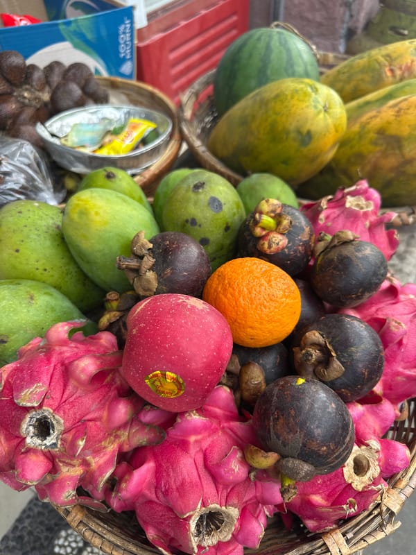 Tropical fruit display and local snacks spotted in Ubud