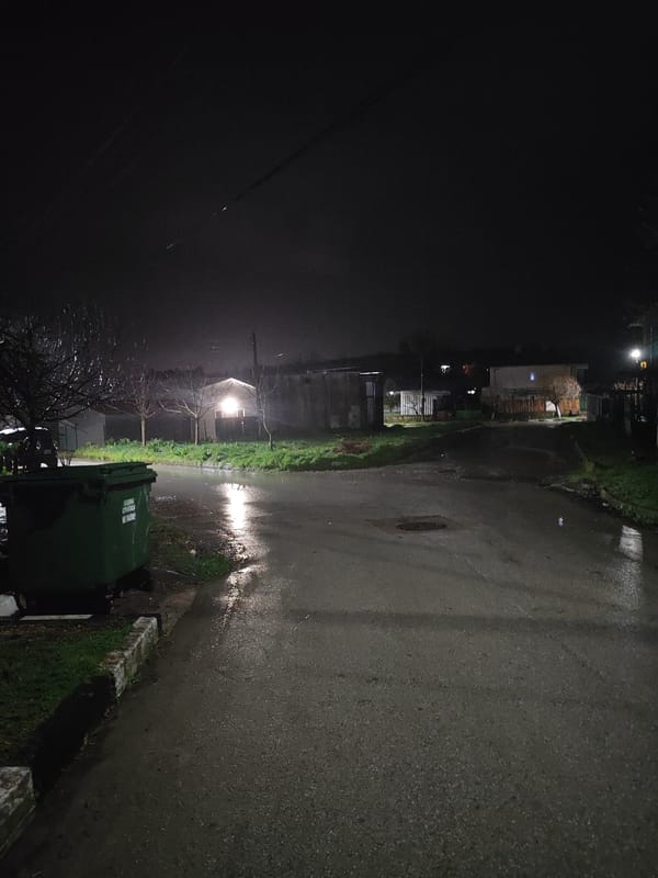 Wet nighttime street scene captured in Strazhitsa, Bulgaria