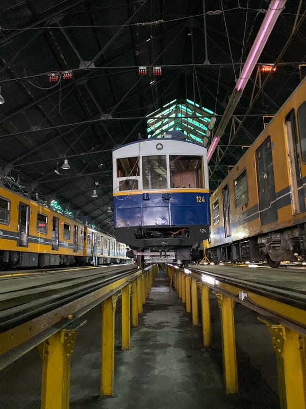 Railway workers photographed at Buenos Aires subway maintenance depot