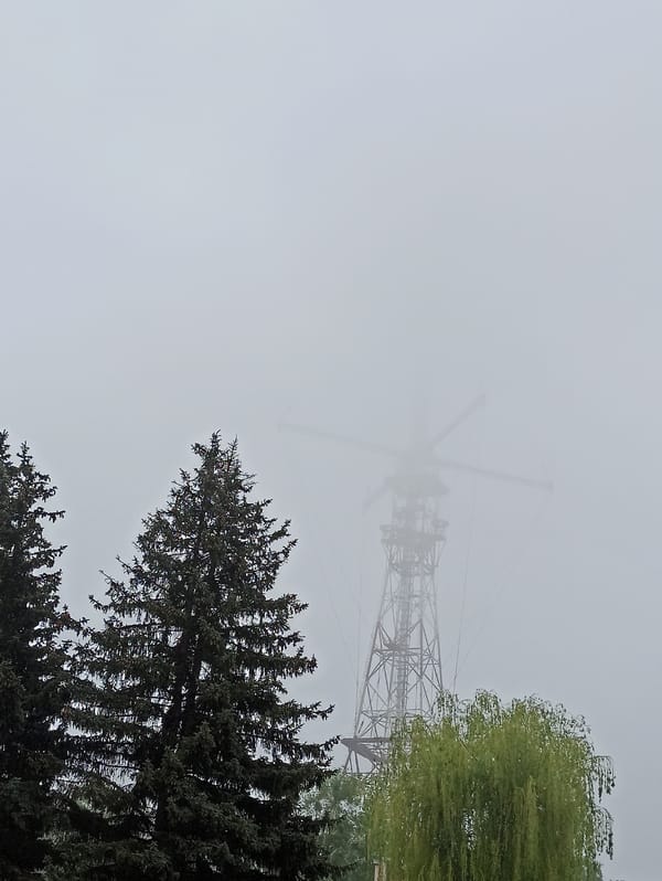 Heavy fog shrouds transmission tower in Hrodna, Belarus
