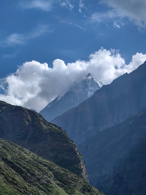 Sissu valley: green slopes, glacial river, and Himalayan peaks