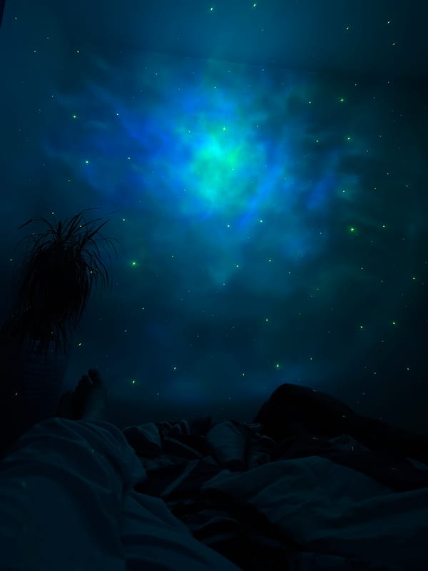 Galaxy projector night in a Perm bedroom, corgi included