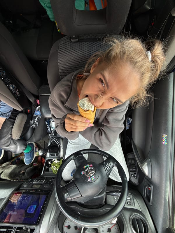 Family enjoys ice cream in car with dog in Krilovo