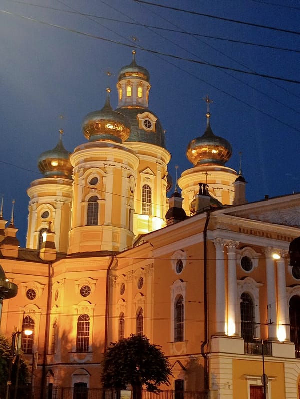 Saint Petersburg Orthodox churches lit up at dusk
