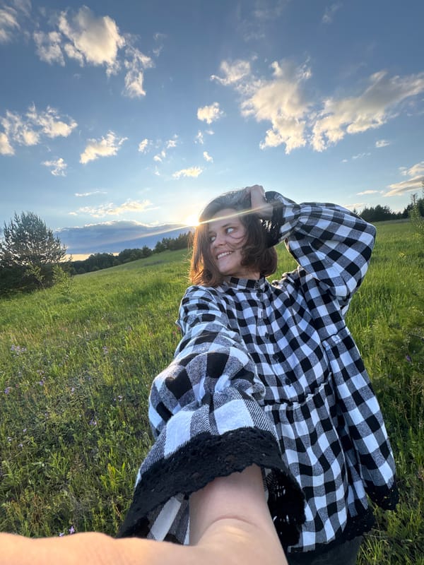 Woman in checkered outfit photographed at multiple outdoor locations