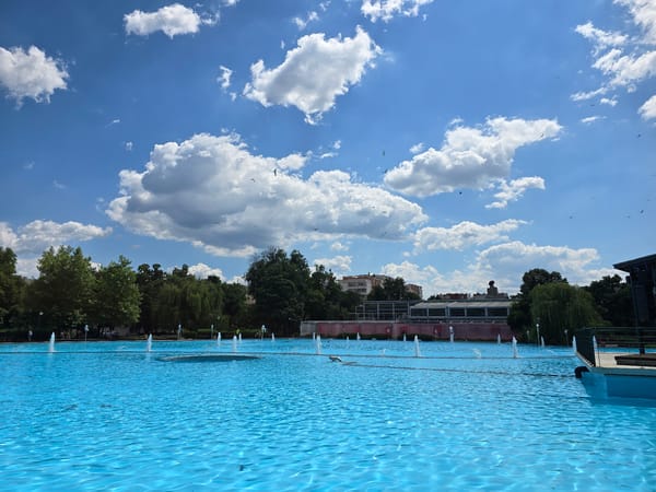 Active fountain pool in a sunny urban park