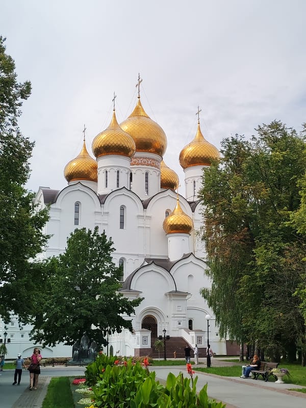 Orthodox churches and golden domes across Rusanovo, Russia