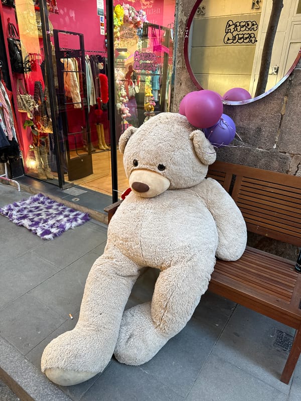 Teddy bear with balloons spotted on Barcelona street bench