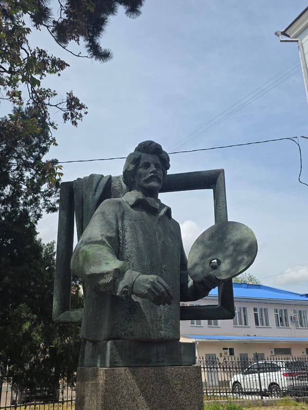 Bronze artist statue with palette spotted in Krasnodar