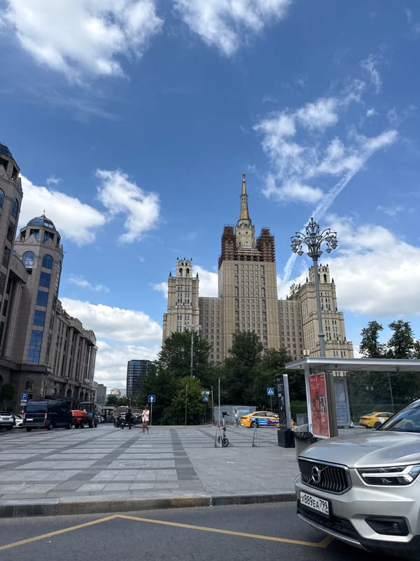 Driving past Moscow's iconic Stalinist skyscrapers on a June morning