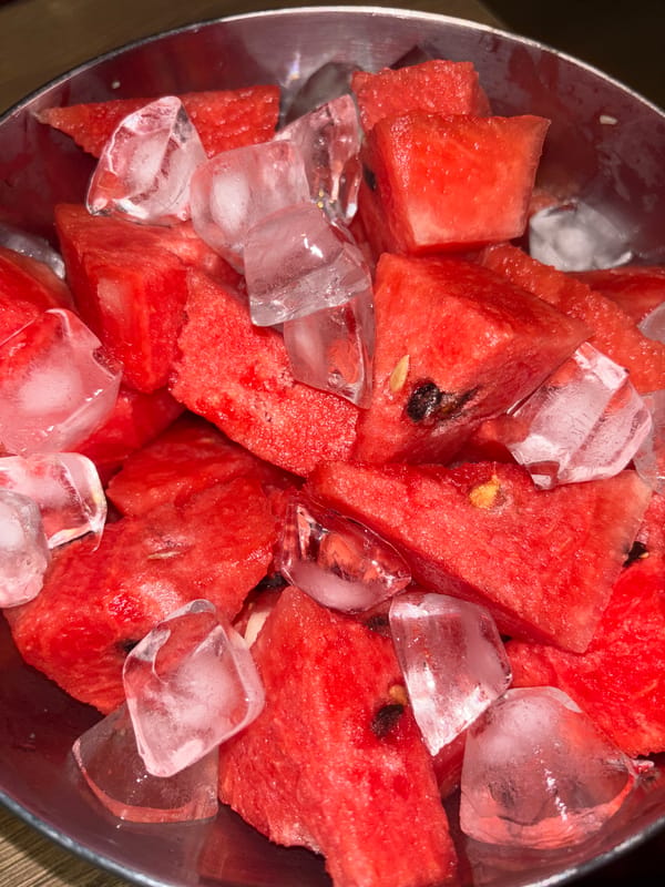 Fresh watermelon and ice served in bowl, Choeng Thale