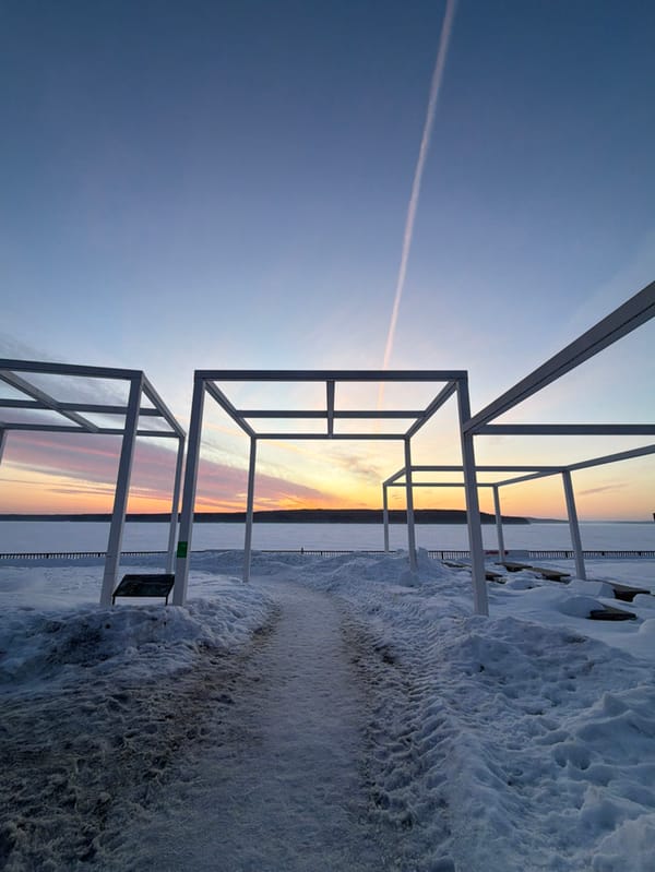 Winter sunset walk documented along Chaikovsky reservoir embankment