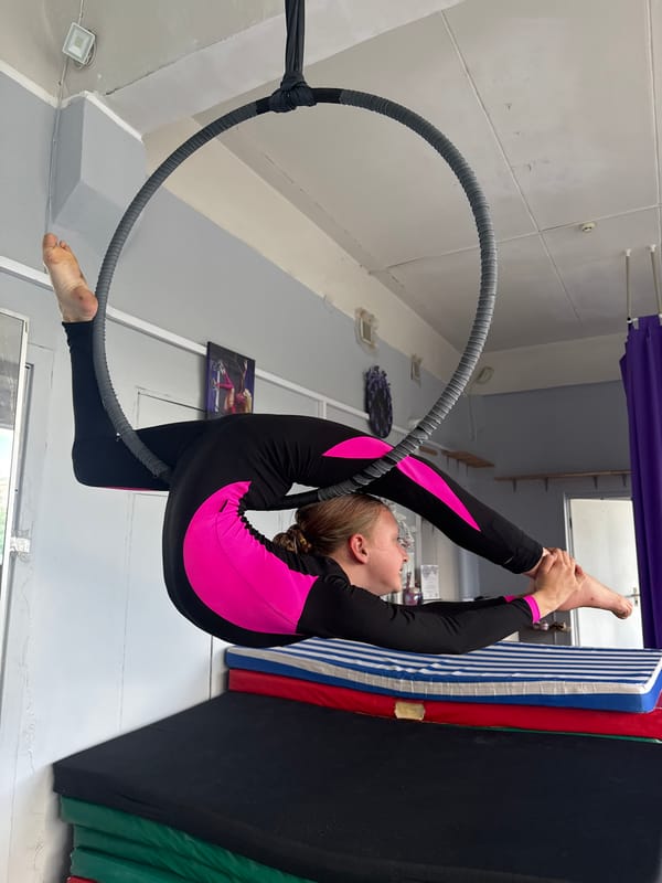 Young gymnast trains on aerial hoop in Dnipro studio