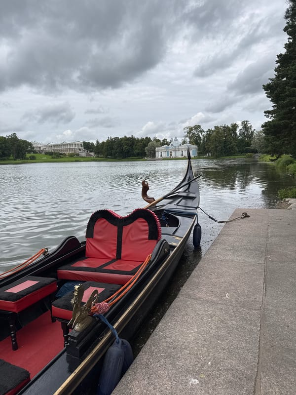 Ornate gondola moored at Catherine Park's lake, Pushkin