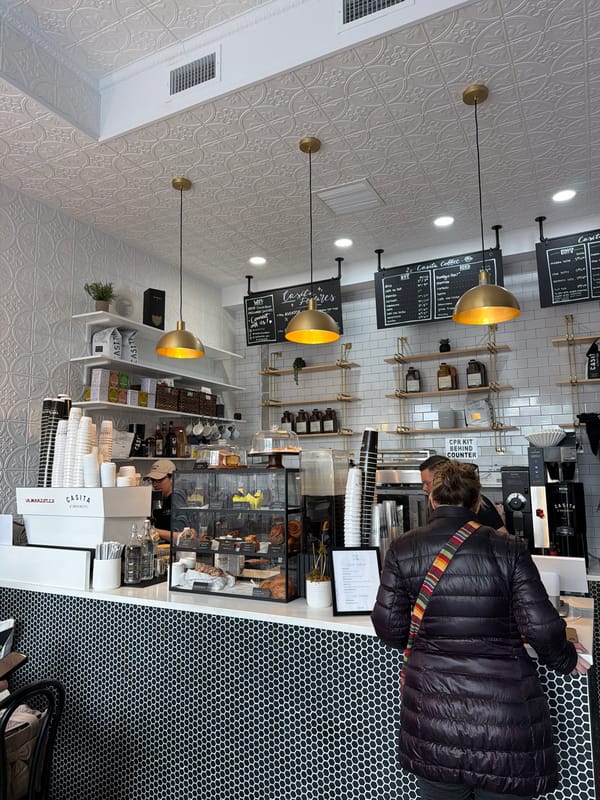Brooklyn coffee shop interior documented, featuring decorative ceiling patterns