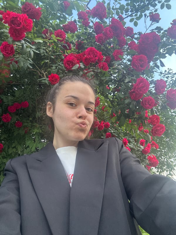 Couple photographs themselves among blooming roses in Sofia