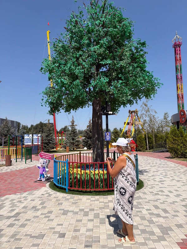 Exploring rides, statues, and walkways at a cartoon-themed amusement park