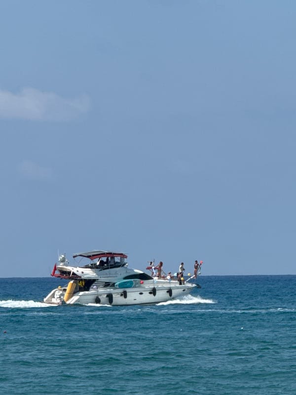 Yachts and pirate ships cruise the Med off Manavgat