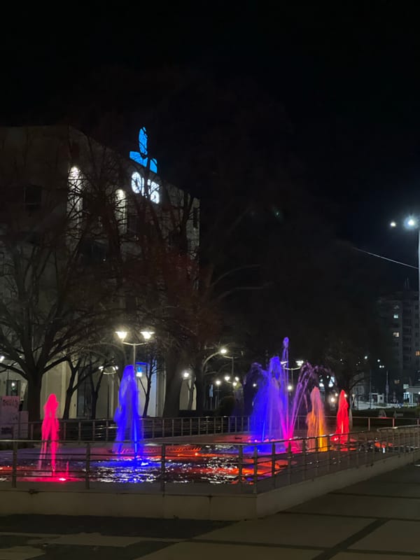 Colorful fountain display lights up Pernik, Bulgaria evening