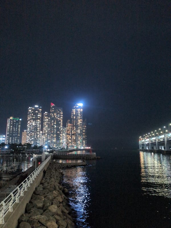 Nighttime cityscape photography captures illuminated Busan waterfront views