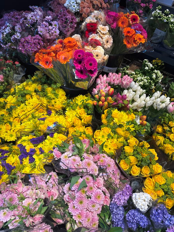 Colorful spring flower bouquets displayed at Copenhagen flower shop