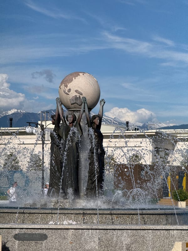 Fountain sculpture documented in Sirius, Russia amid scenic landscape