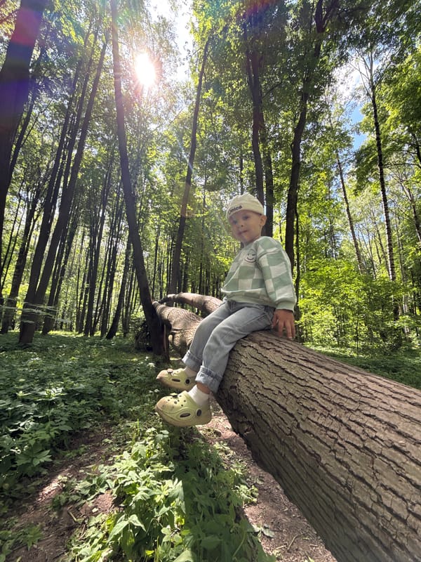 Child sits on fallen tree in Russian forest