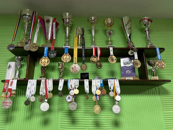 Person photographed with trophy collection on green wall display