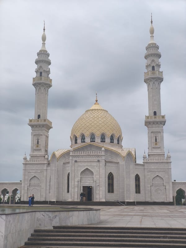 Bolgar's White Mosque under overcast skies, Tatarstan