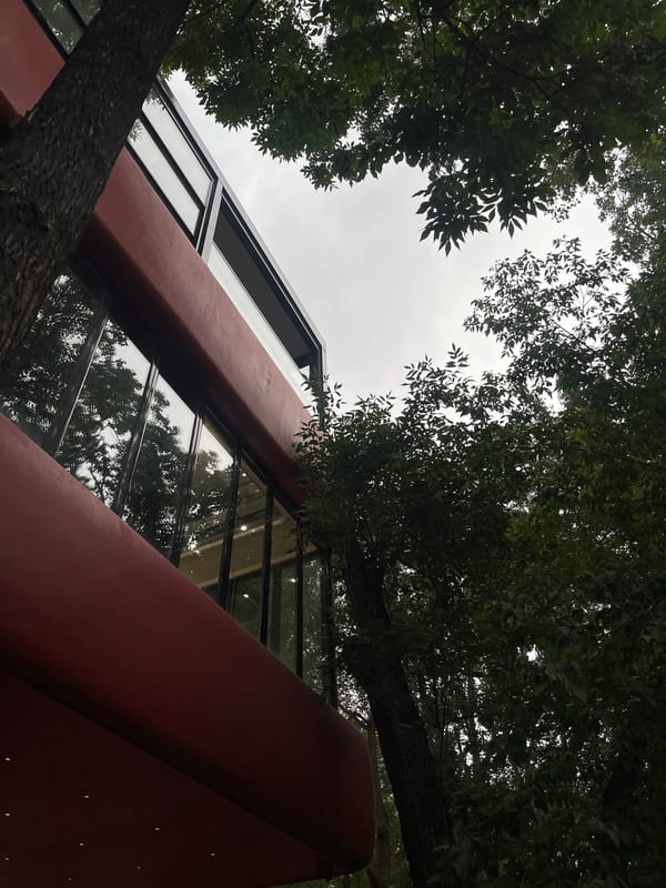 Afternoon at a red modernist café in Yerevan's greenery