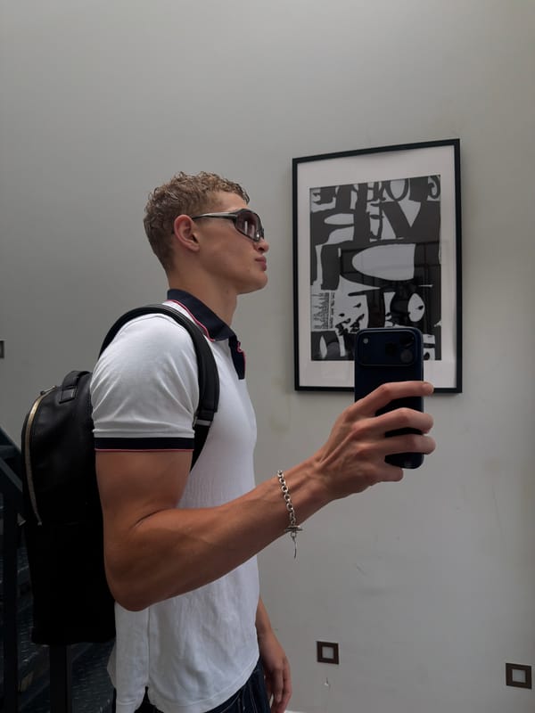 Mirror selfie, white polo and wide-leg jeans, London morning