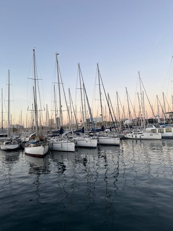 Evening stroll through Barcelona's waterfront captures dusk transition