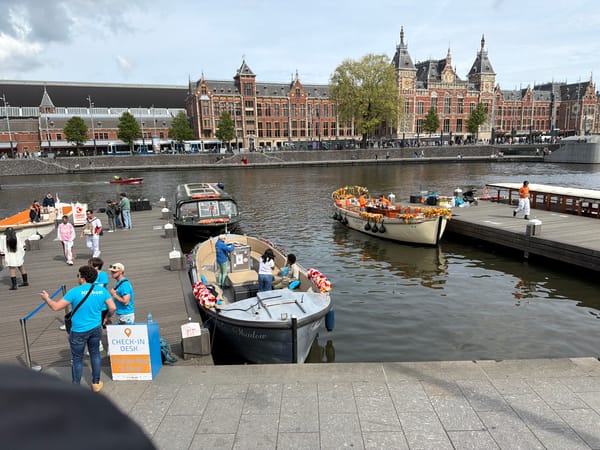 Pink Moco Museum tour boat spotted on Amsterdam canals