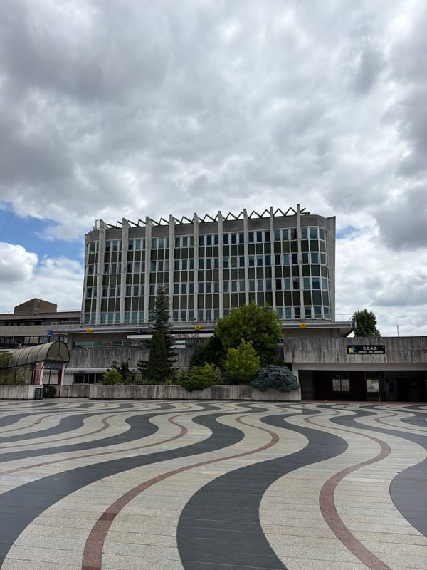 Créteil's Brutalist civic center on a quiet summer morning