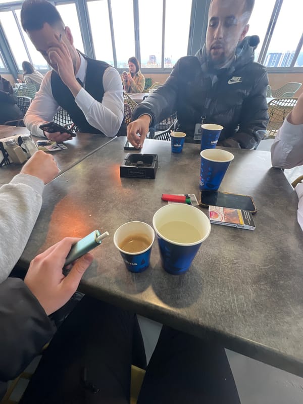 Coffee gathering at Sofia cafe with cigarettes and conversation