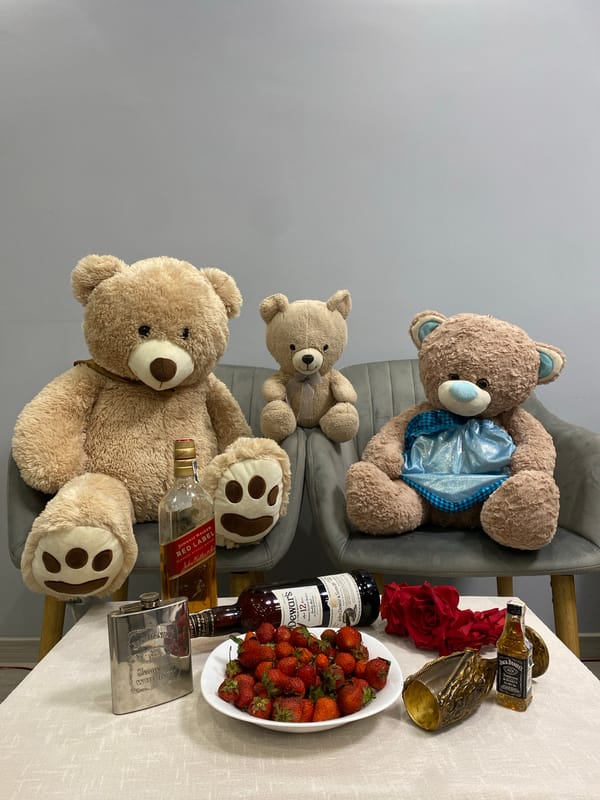 Teddy bears and whiskey bottles staged on a gray sofa