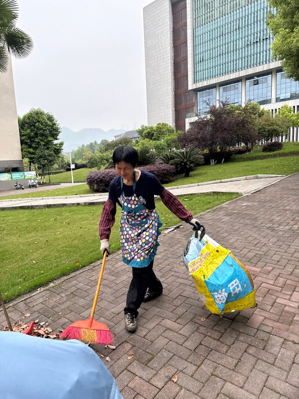 Woman sweeps leaves on walkway in Jiangjin, China