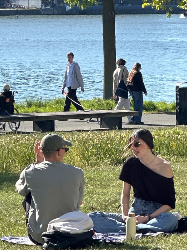 People enjoy sunny afternoon leisure activities along Amsterdam canal