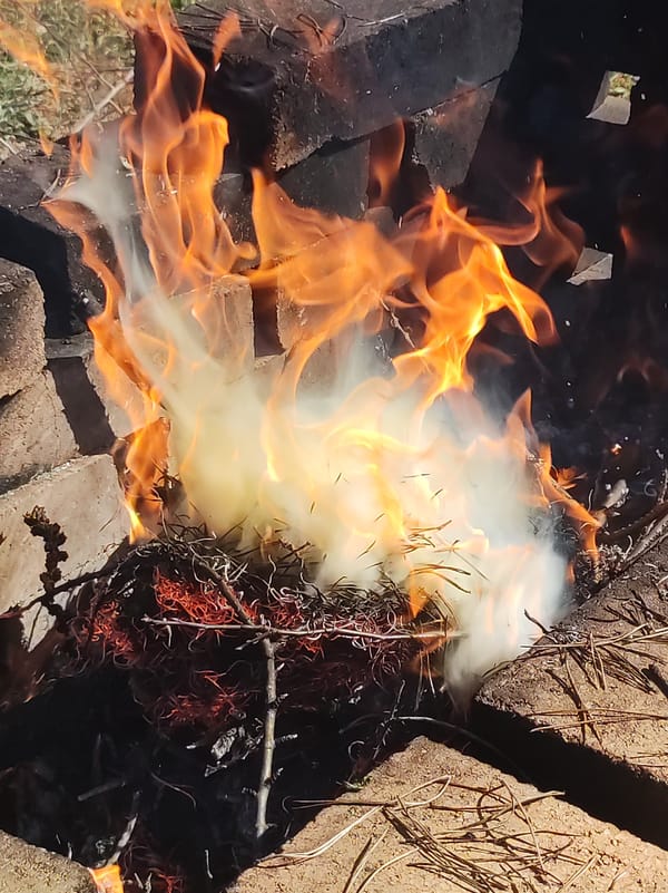 Outdoor fire burns in brick pit in Фоки, Russia