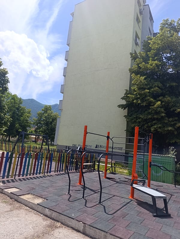 Outdoor gym area in Vratsa, Bulgaria on a cloudy morning
