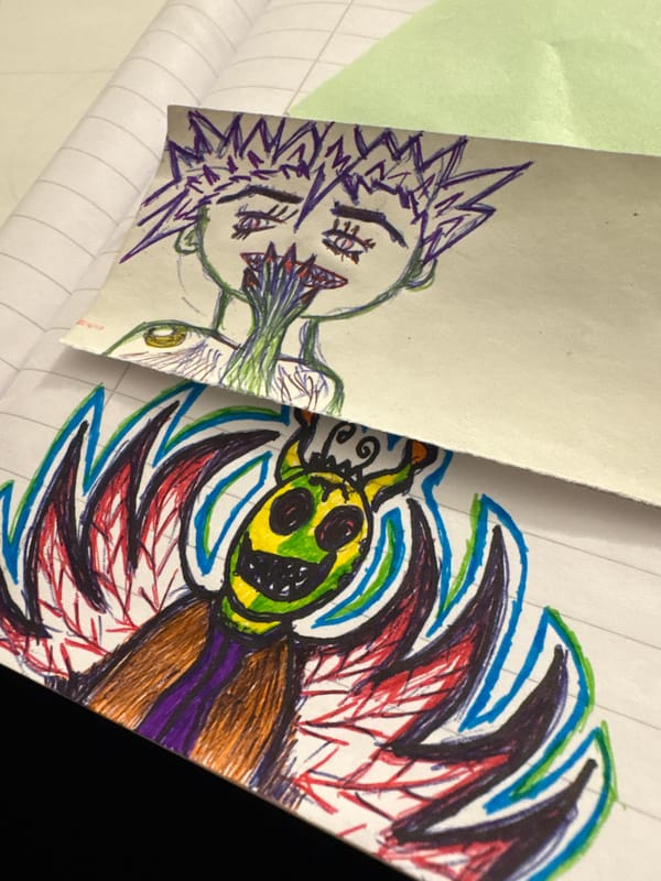 Hand-drawn sketches with purple-haired figure documented in Plovdiv