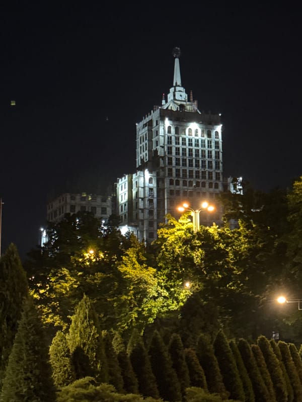 Nighttime documentation of ornate spired building in Bishkek