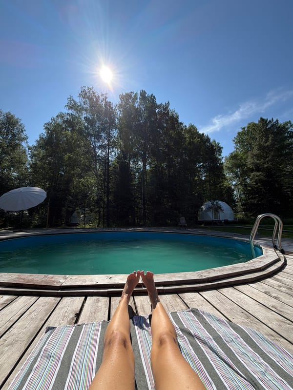Sunny afternoon at a glamping resort in Minino, Russia