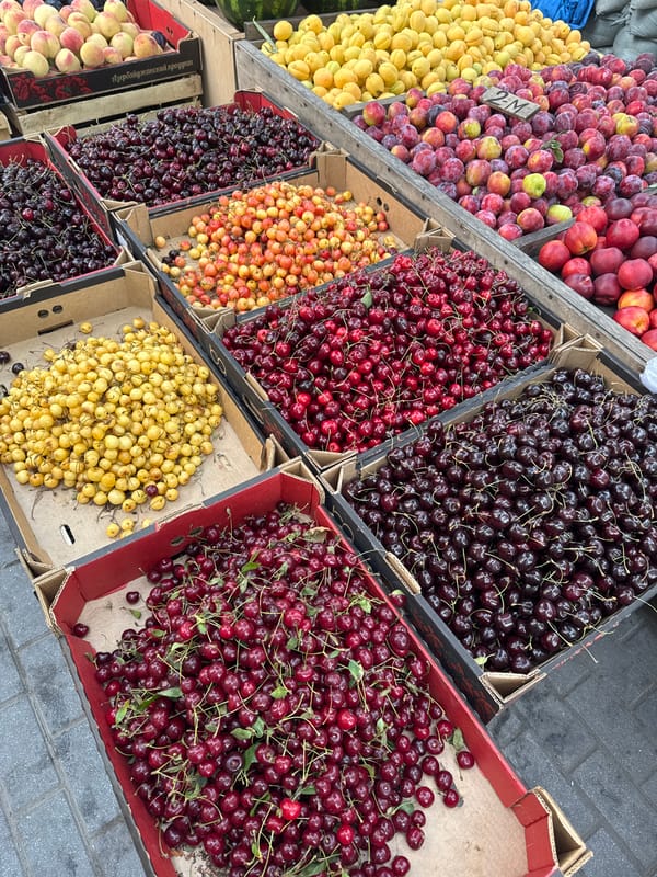Summer market stalls full of fresh produce in Baku