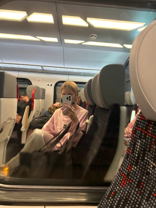 Selfie in a train window reflection, Gdynia evening