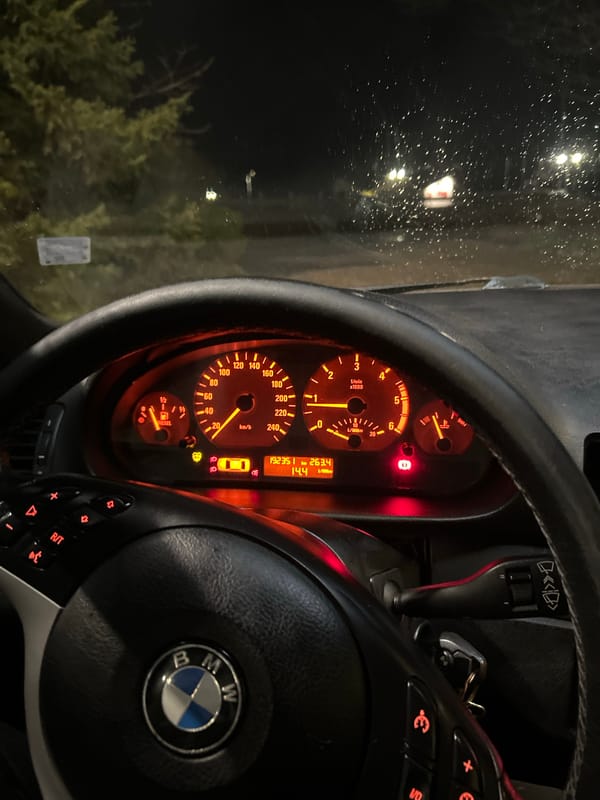 BMW dashboard illuminated at night in Vratsa, Bulgaria